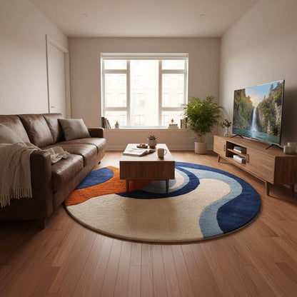 Blue and orange statement living room rug styled with curved sofa, Scandinavian modern décor. __etsy:7455436258