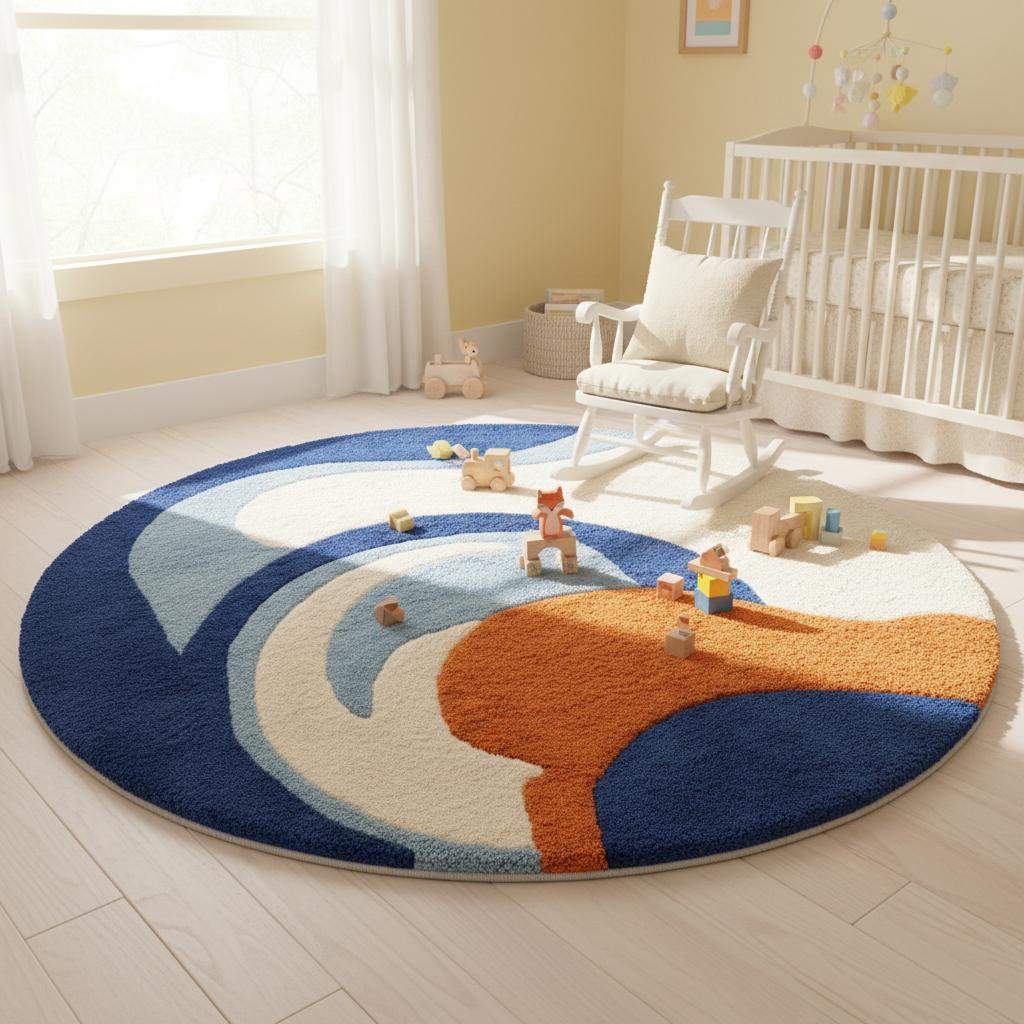 Hand-tufted wool rug with modern abstract blue and orange round design on wooden floor