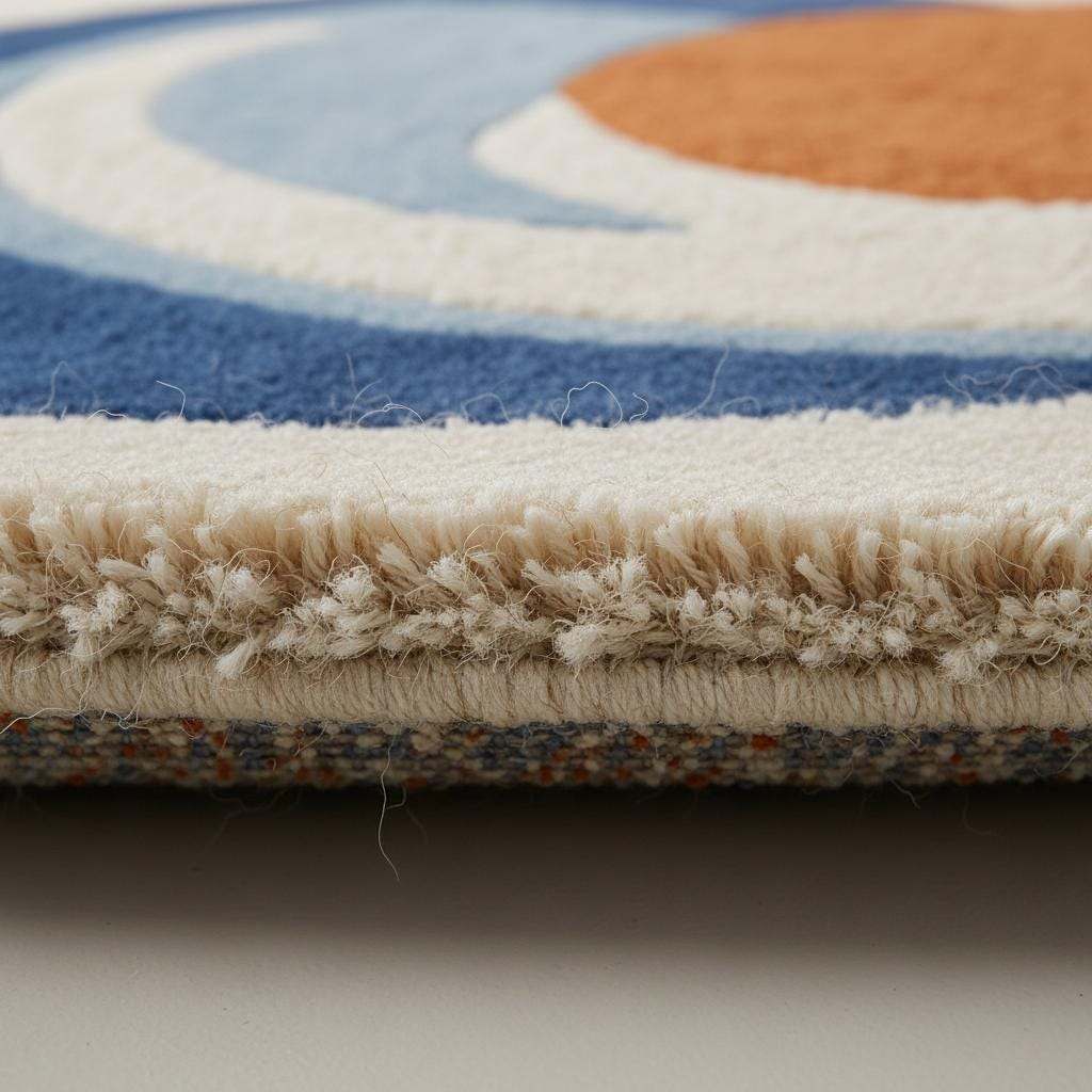 Hand-tufted wool rug with modern abstract blue and orange round design
