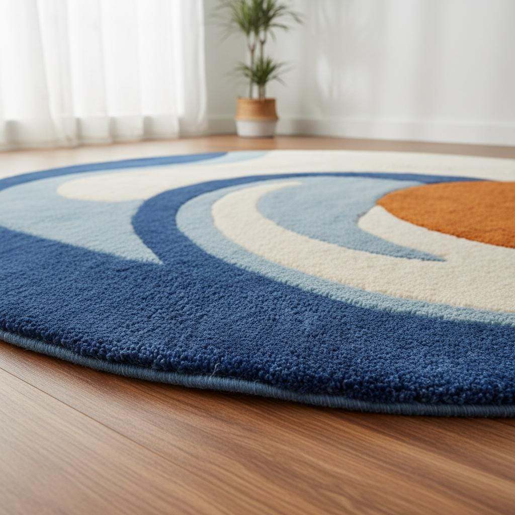 Hand-tufted wool rug with modern abstract blue and orange round design