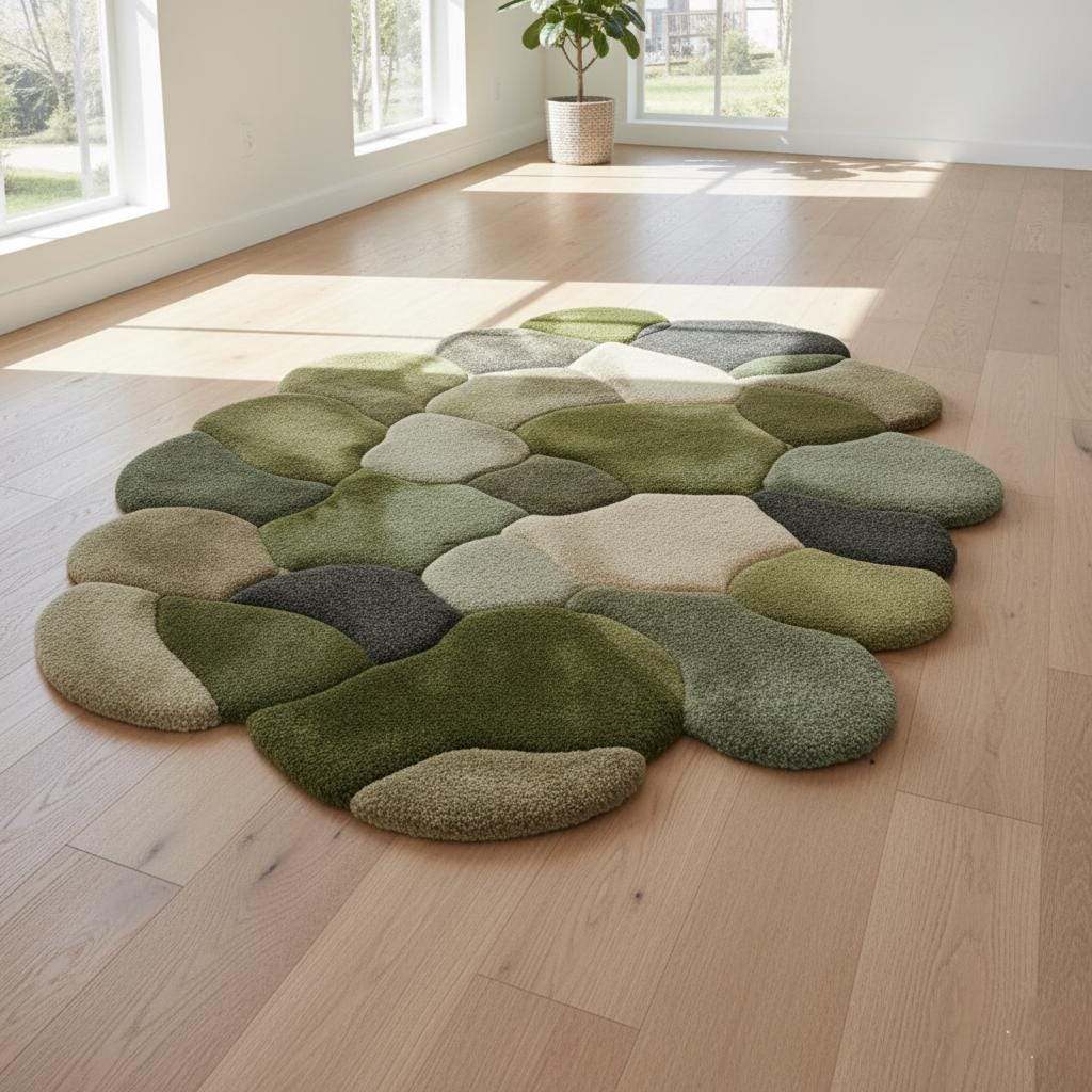 Irregular blob-shaped rug with soft, plush high-low pile texture; aesthetic nature-inspired home decor. __etsy:7291553435