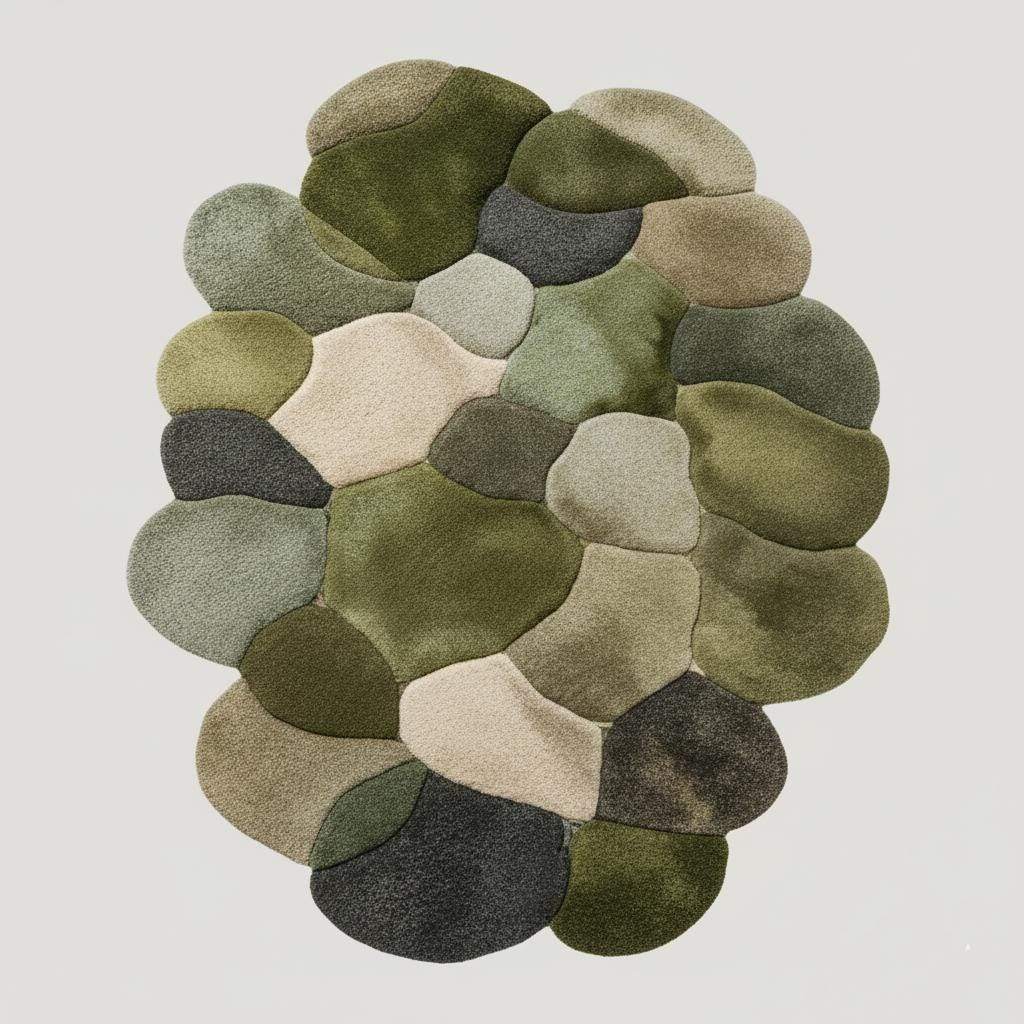 Full view of the abstract, irregular rug with light gray or cream border on a wooden floor. __etsy:7243592280
