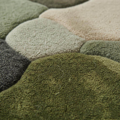 Close-up of moss green hand-tufted wool fibers and organic wavy edge; unique artisan floor art. __etsy:7291553425