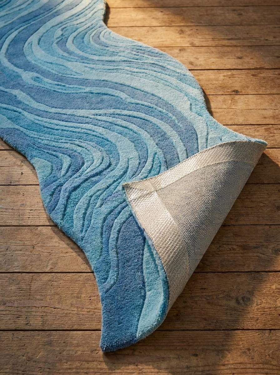 Hand Tufted Wool Runner Rug, Abstract Blue Wavy Hallway Carpet, Organic Modern Decor __etsy:8092948230