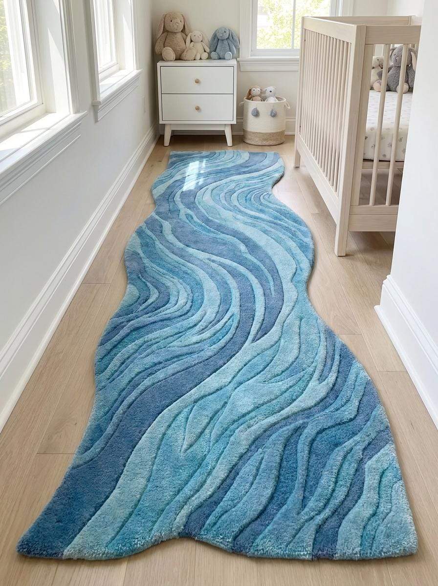 Hand Tufted Wool Runner Rug, Abstract Blue Wavy Hallway Carpet, Organic Modern Decor __etsy:8140856651