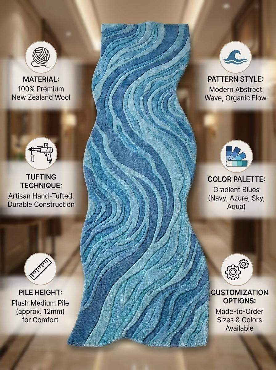 Hand Tufted Wool Runner Rug, Abstract Blue Wavy Hallway Carpet, Organic Modern Decor __etsy:8092948218