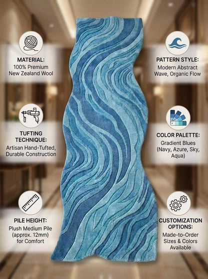 Hand Tufted Wool Runner Rug, Abstract Blue Wavy Hallway Carpet, Organic Modern Decor __etsy:8092948218
