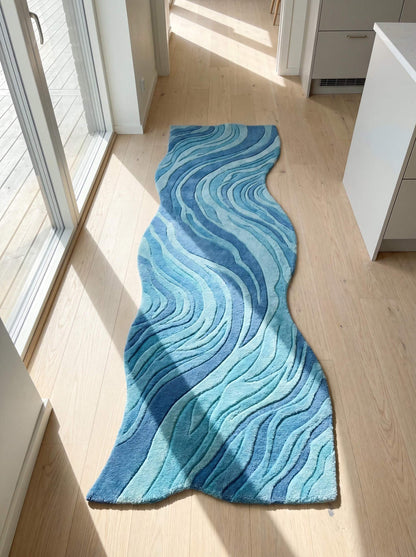 Hand tufted abstract blue runner rug featuring flowing wave patterns and an organic sculptural silhouette for modern hallway decor. __etsy:8140856303
