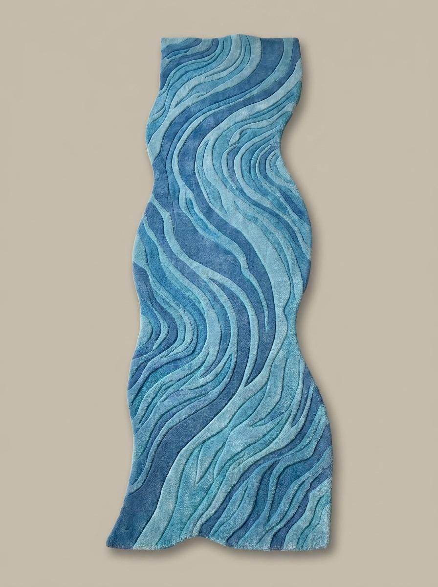 Modern wool runner rug with artistic wave-inspired design in multiple shades of blue for contemporary interiors. __etsy:8092948104