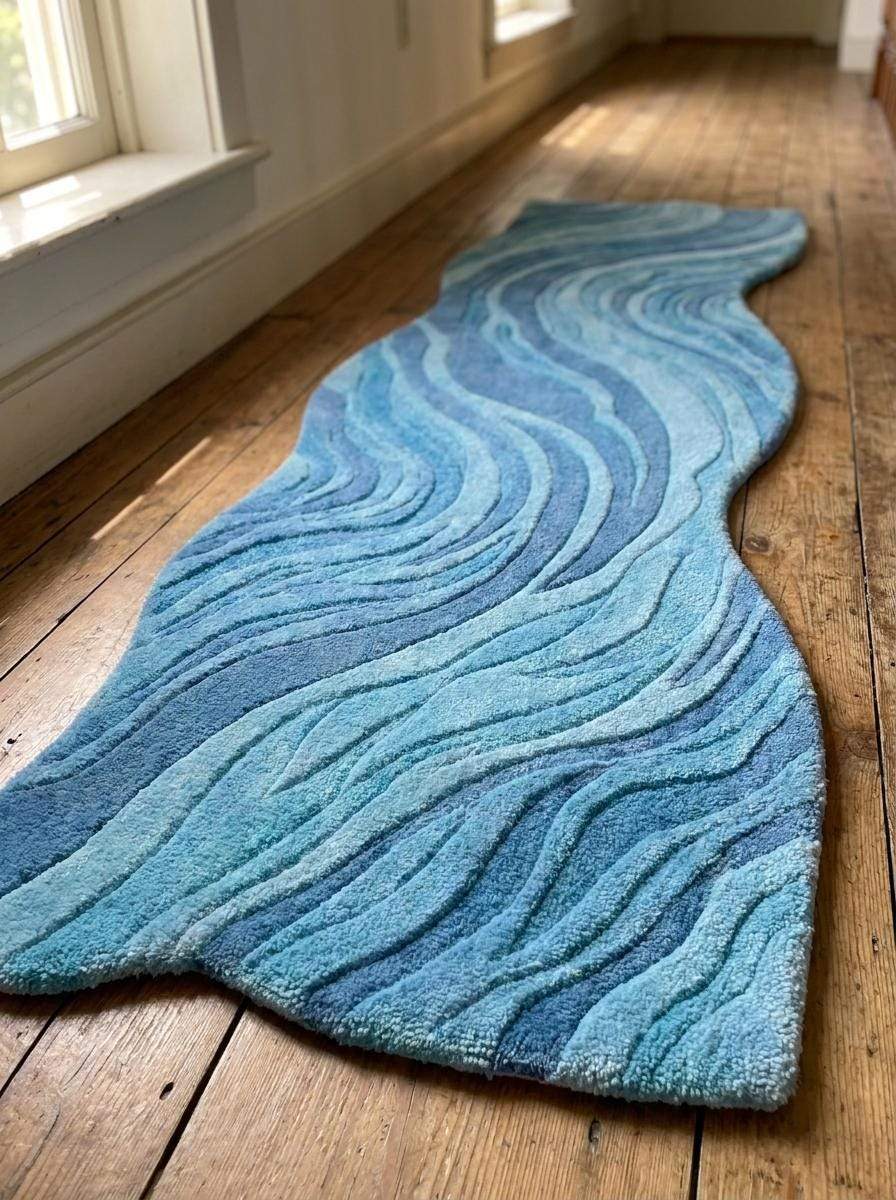 Hand Tufted Wool Runner Rug, Abstract Blue Wavy Hallway Carpet, Organic Modern Decor __etsy:8092948120