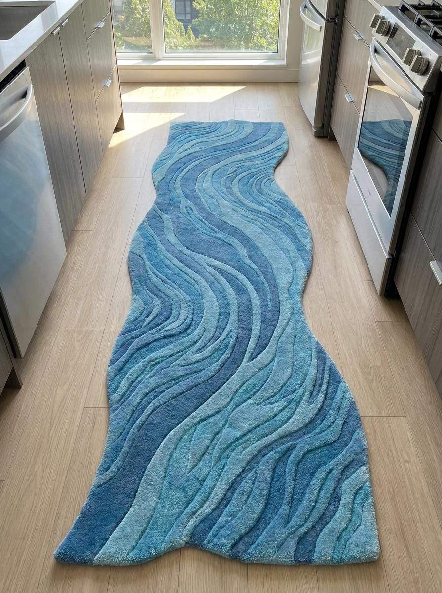 Designer-inspired abstract runner rug in ocean blue tones bringing artistic character to contemporary home decor. __etsy:8140856603