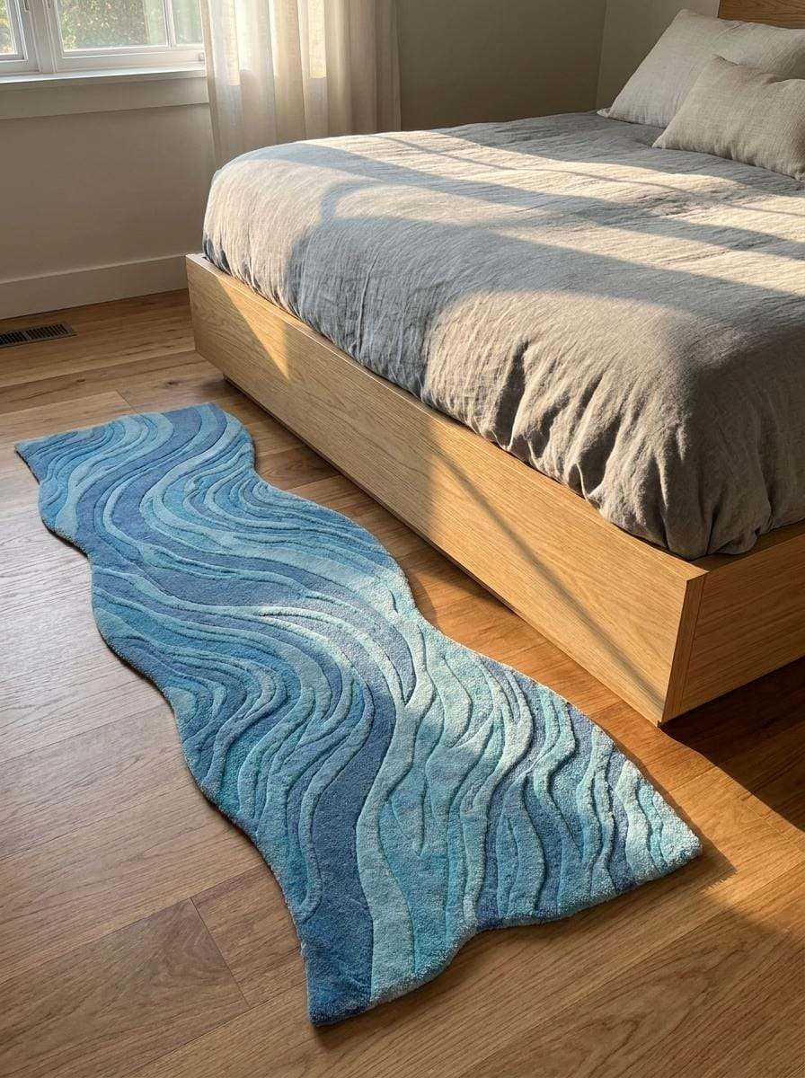 Hand Tufted Wool Runner Rug, Abstract Blue Wavy Hallway Carpet, Organic Modern Decor __etsy:8140856605