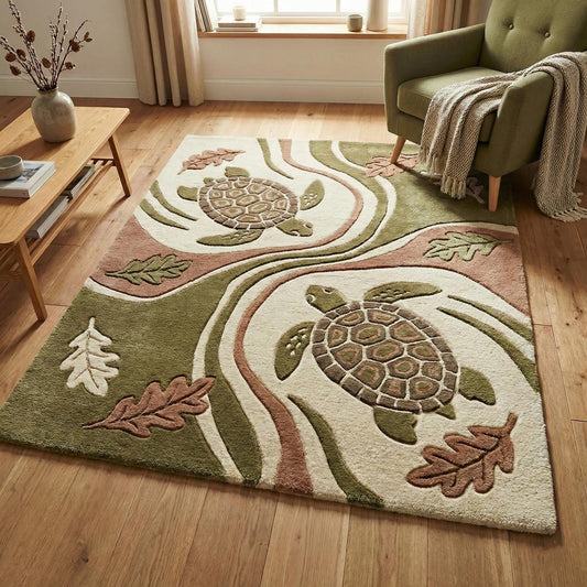 Hand tufted wool turtle area rug with carved texture for coastal living room decor