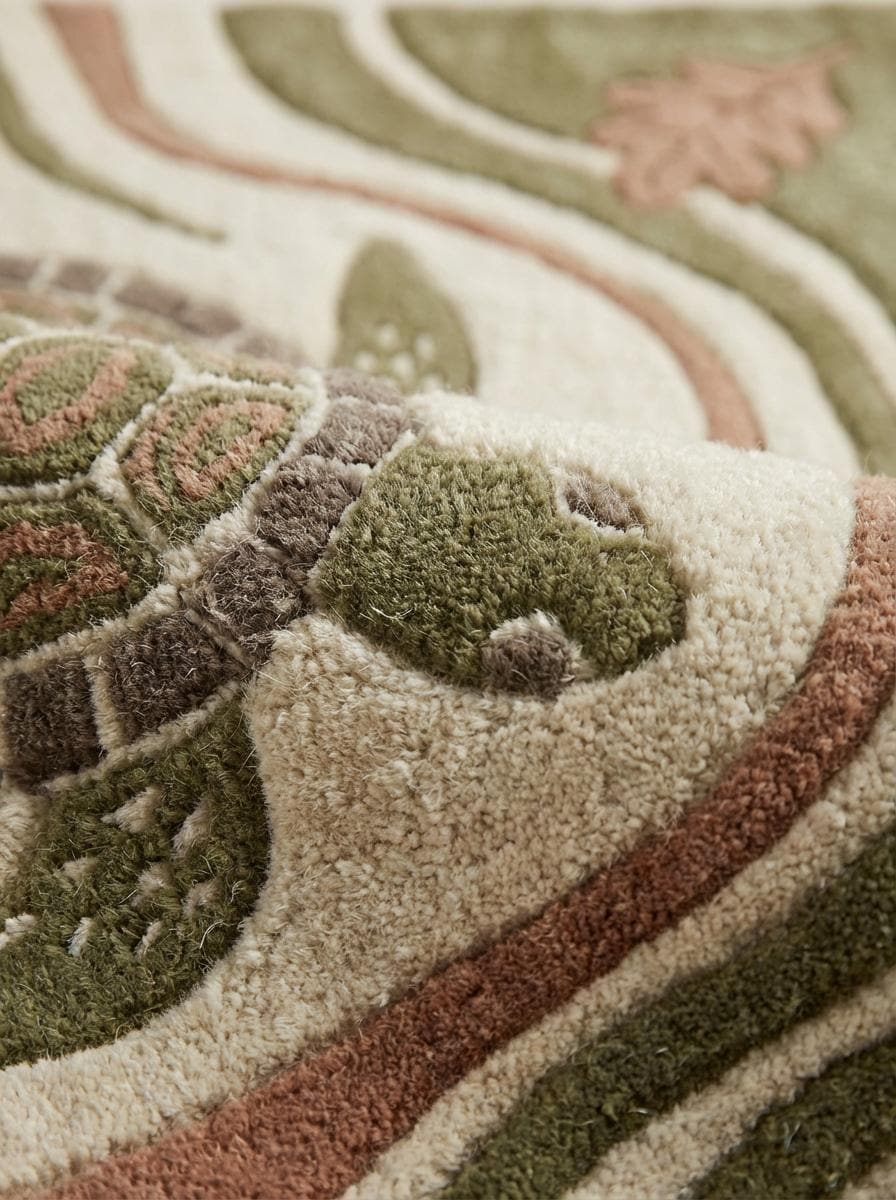 Hand tufted wool turtle area rug with carved high-low texture in coastal living room setting