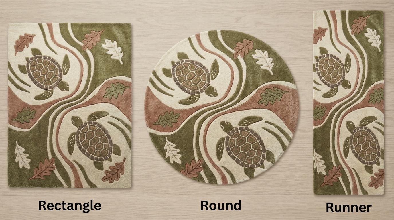 Hand tufted wool turtle area rug with carved high-low texture in coastal living room decor