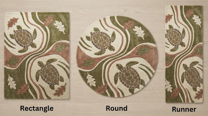 Hand tufted wool turtle area rug with carved high-low texture in coastal living room decor