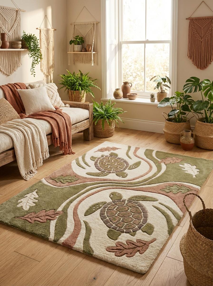 Hand tufted wool turtle area rug with carved texture in coastal living room decor