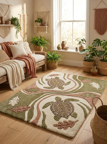 Hand tufted wool turtle area rug with carved texture in coastal living room decor