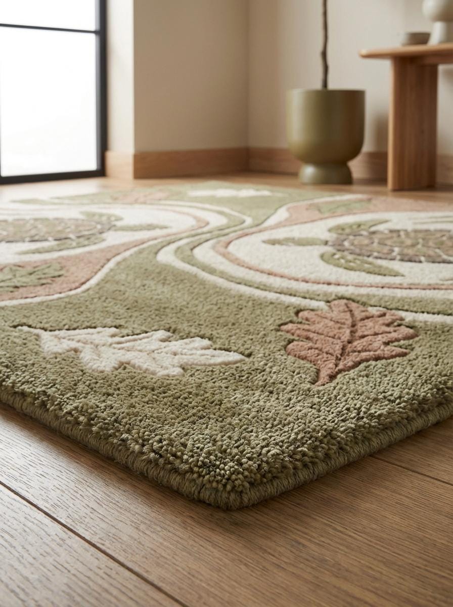 Hand tufted wool turtle area rug with carved texture in coastal living room decor