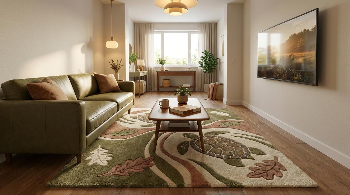Hand tufted wool turtle area rug with carved high-low texture in coastal living room setting