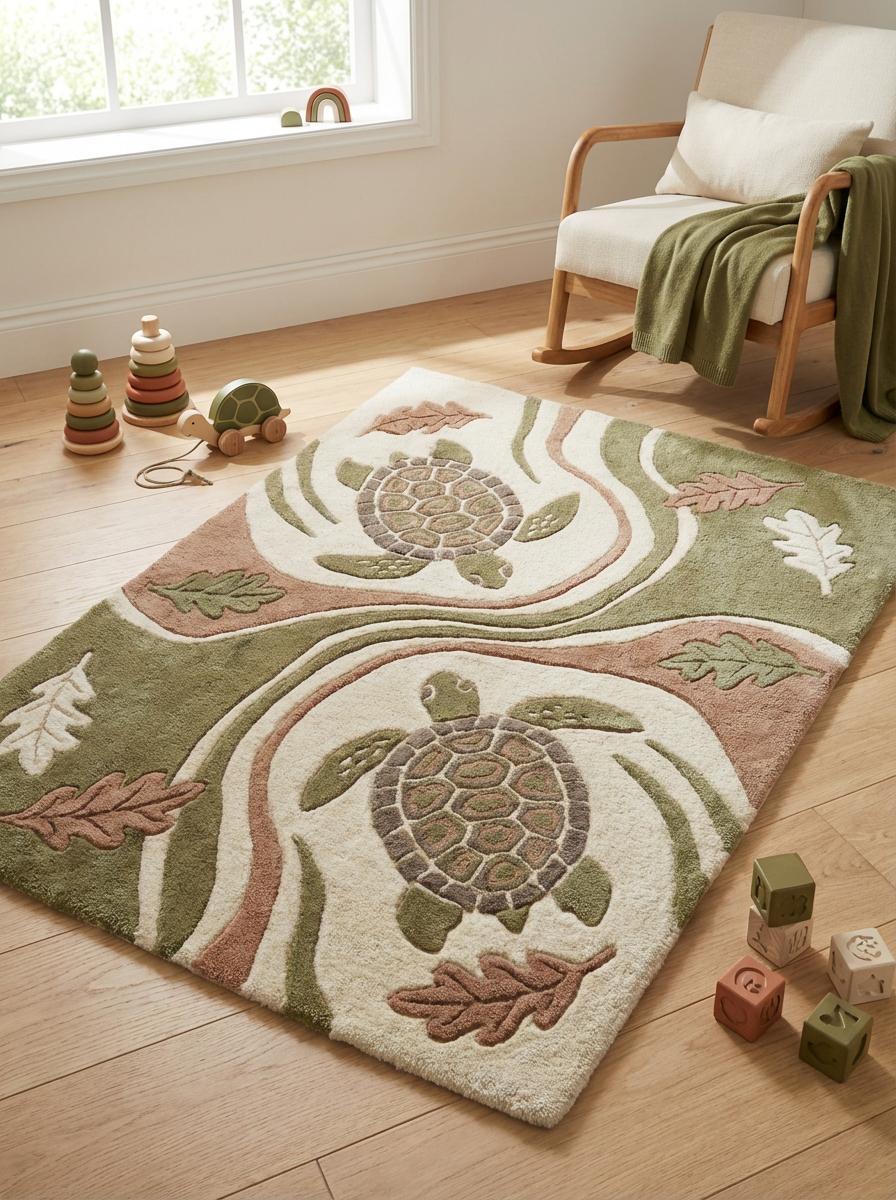 Hand tufted wool turtle area rug with carved high-low texture in coastal living room setting