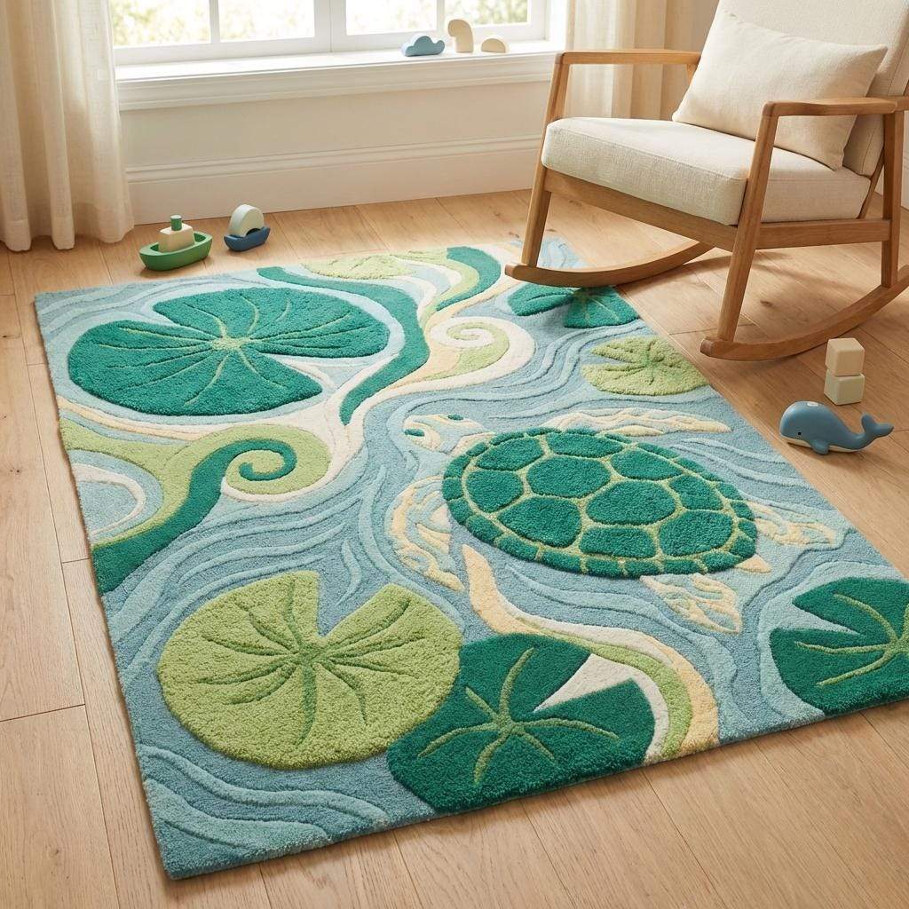 Hand-Tufted Wool Turtle Rug, Coastal Lily Pad Area Carpet, Sea Life Nursery Decor __etsy:7826529678
