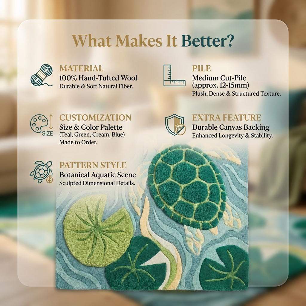 Hand-Tufted Wool Turtle Rug, Coastal Lily Pad Area Carpet, Sea Life Nursery Decor __etsy:7826529618