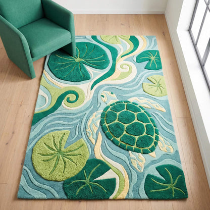 Hand tufted ocean turtle rug with green and blue tones placed in modern kids room with chair __etsy:7826529320