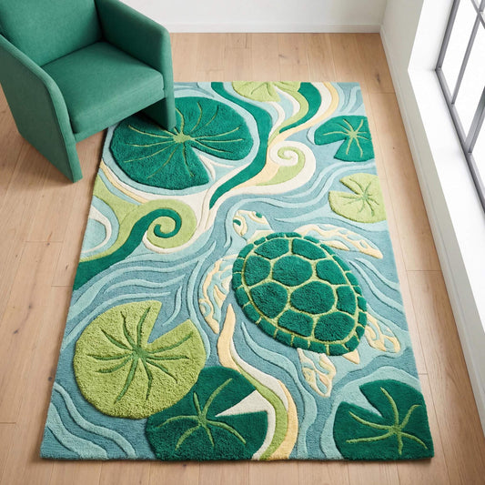 Hand tufted ocean turtle rug with green and blue tones placed in modern kids room with chair __etsy:7826529320