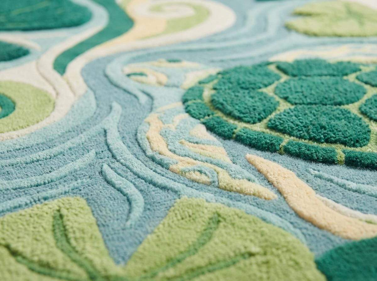 Close up of wool tufted rug texture showing raised carved pile and soft fiber detailing __etsy:7826529614