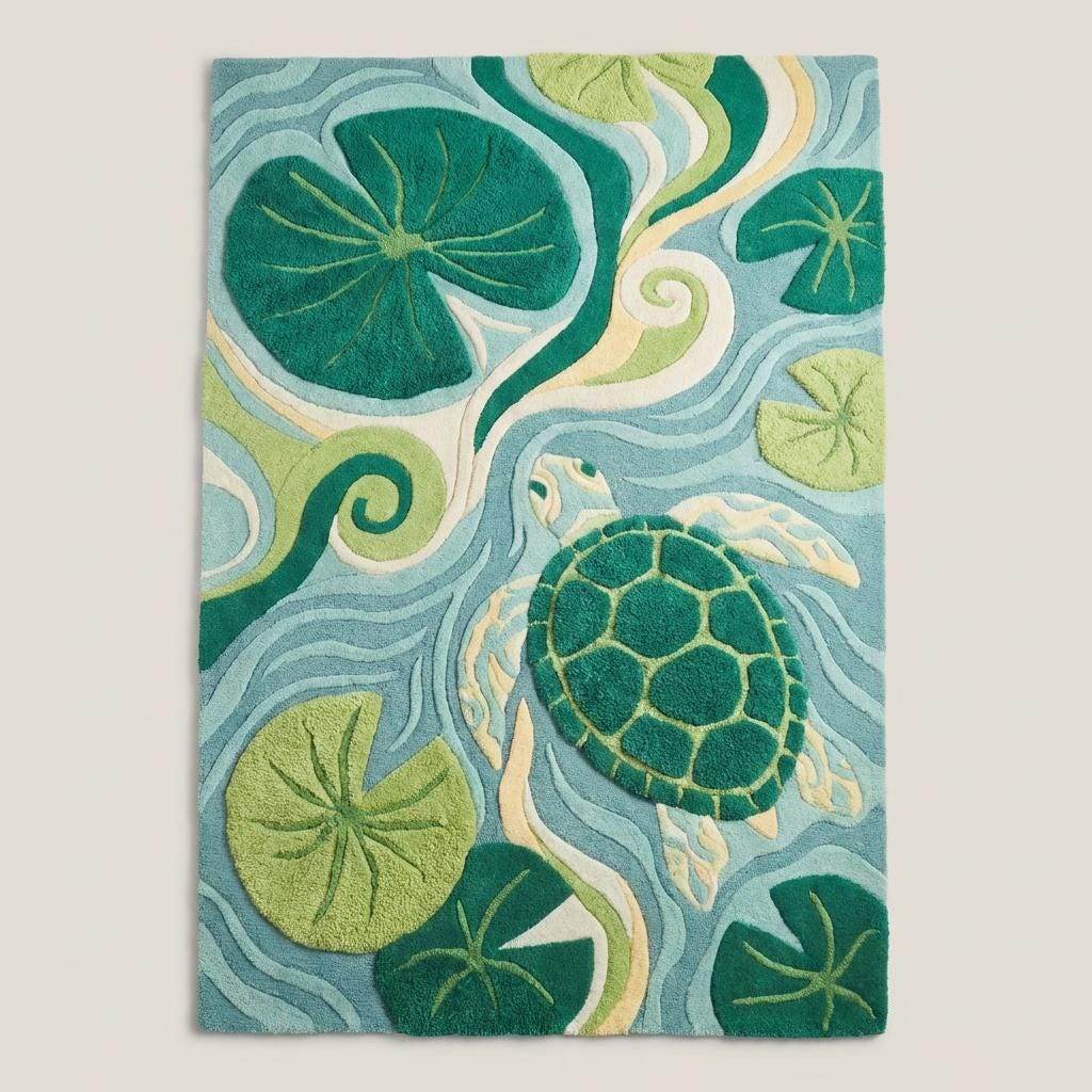 Coastal themed turtle area rug with lily pads and flowing water pattern in vibrant greens __etsy:7826529534