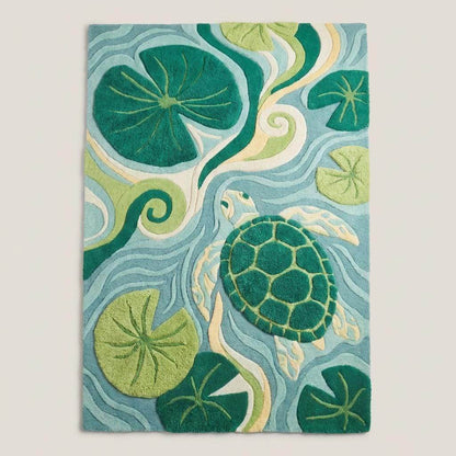 Coastal themed turtle area rug with lily pads and flowing water pattern in vibrant greens __etsy:7826529534