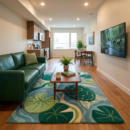 Green blue coastal rug styled on wooden floor perfect for beach house interior __etsy:7826529530