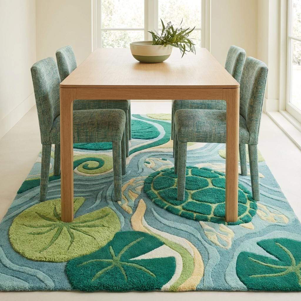 Hand-Tufted Wool Turtle Rug, Coastal Lily Pad Area Carpet, Sea Life Nursery Decor __etsy:7874478865