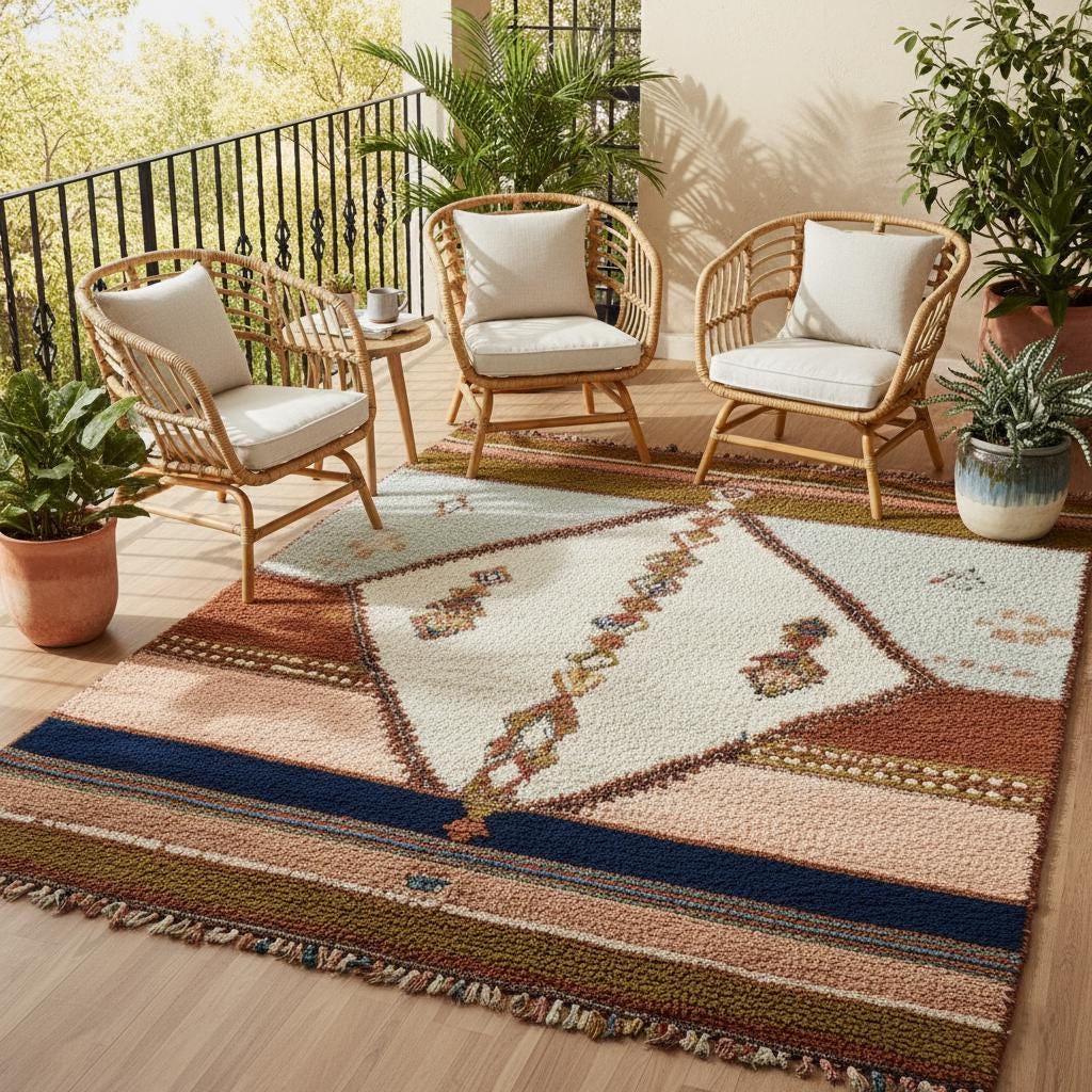 Hand-woven wool area rug in soft pastel palette – blush pink, muted teal and ivory – authentic Moroccan style for bedroom or nursery.