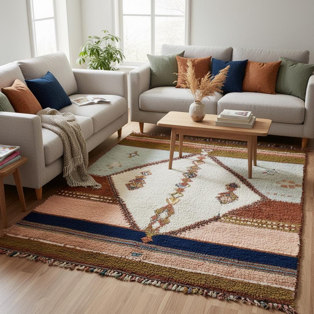 Sage green and blush wool berber rug, neutral boho floor accent, handmade carpet for living room or entryway.
