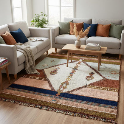 Sage green and blush wool berber rug, neutral boho floor accent, handmade carpet for living room or entryway.