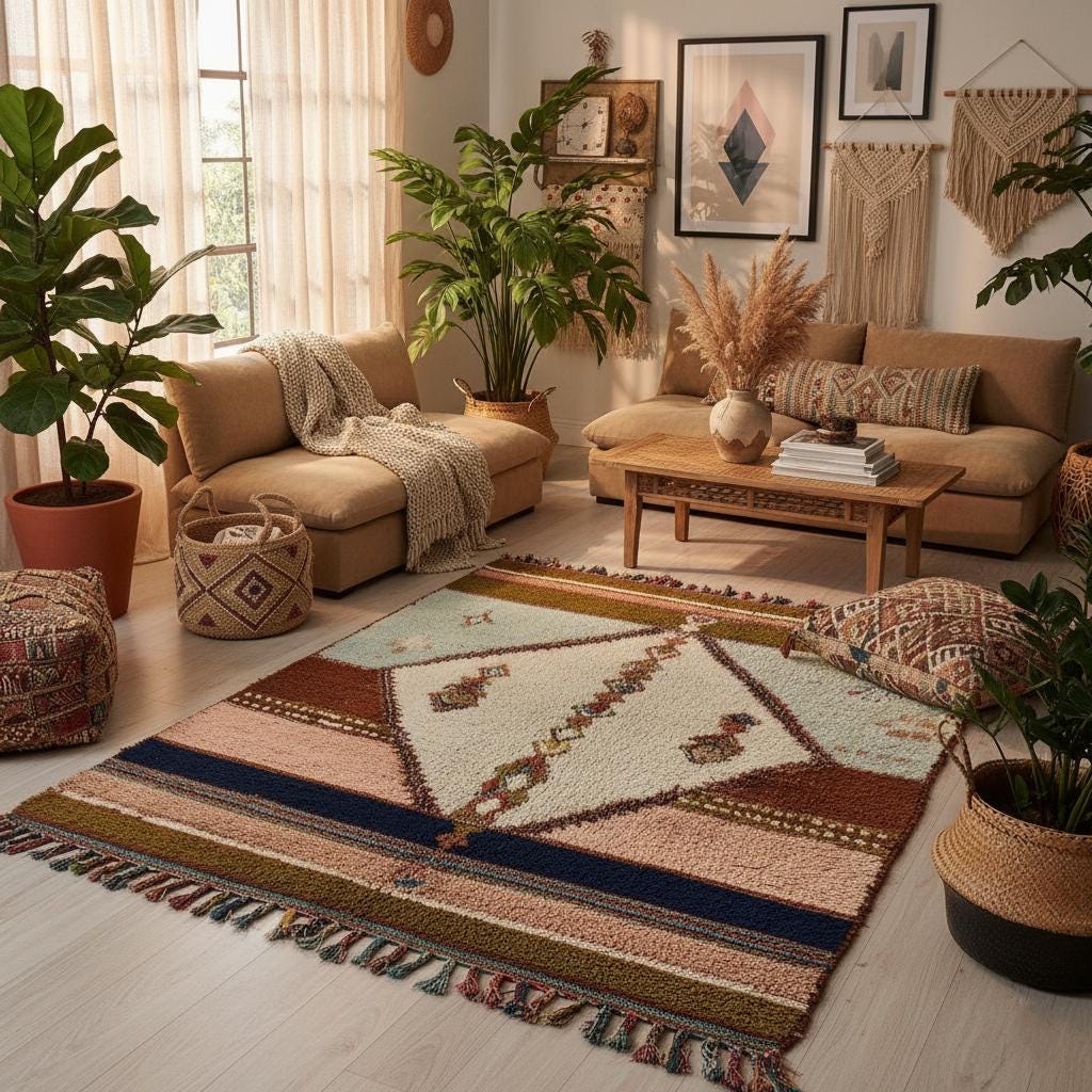Pastel boho area rug wool with Moroccan geometric design, blush pink and olive tones, perfect for new home gift décor.