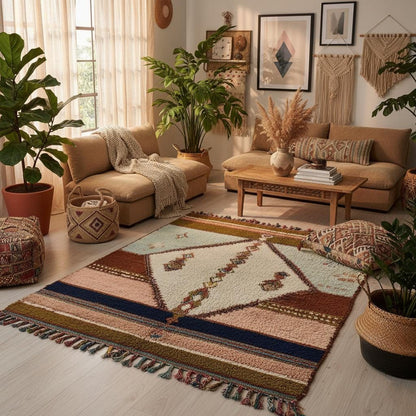 Pastel boho area rug wool with Moroccan geometric design, blush pink and olive tones, perfect for new home gift décor.