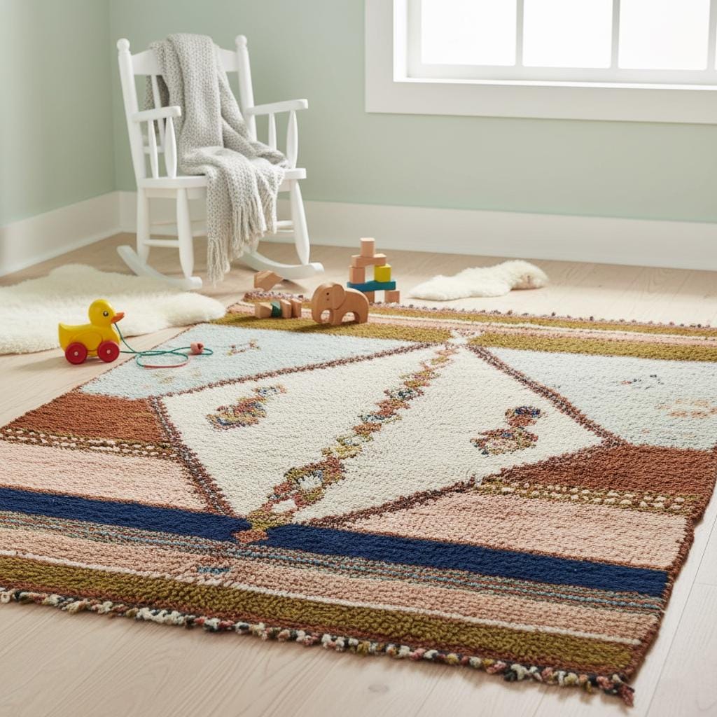 Hand-Woven Moroccan Wool Rug | Blush Pink & Sage Berber Design