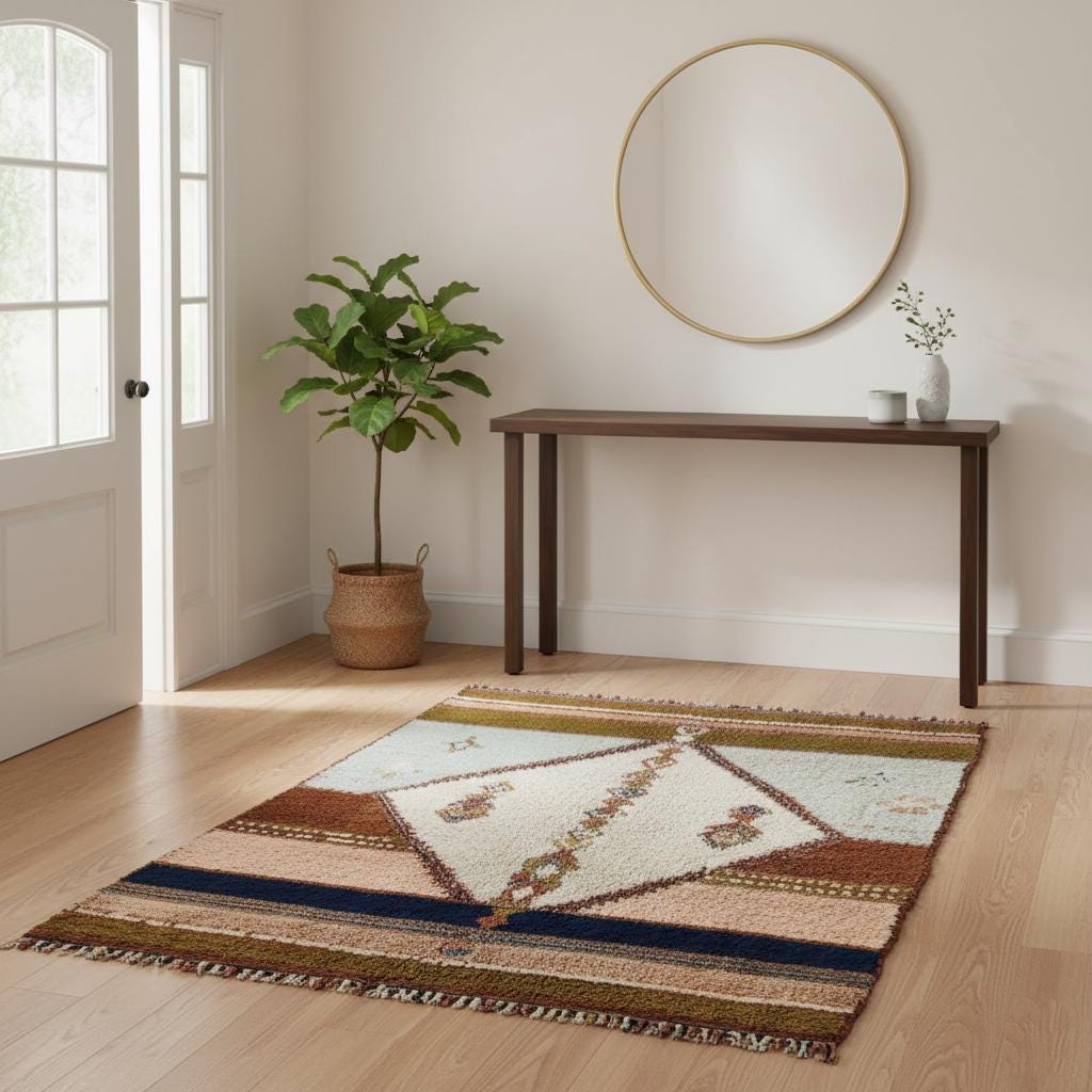 Hand-Woven Moroccan Wool Rug | Blush Pink & Sage Berber Design