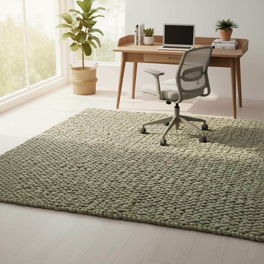Eco-friendly wool loop-pile rug in muted olive and natural beige color, textured artisan floor piece for cozy interiors, rug carpet teppich.