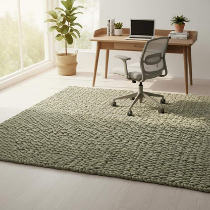 Eco-friendly wool loop-pile rug in muted olive and natural beige color, textured artisan floor piece for cozy interiors, rug carpet teppich.