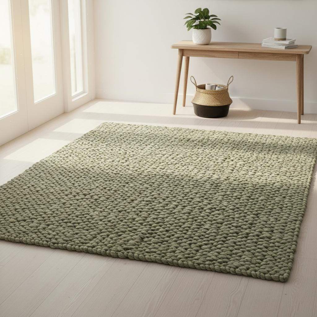 Hand-crafted Sage Olive Wool Loop-Pile Rug • Chunky Textured Living Room Rug Carpet Handmade • Natural Beige Accent Indoor Floor Teppich