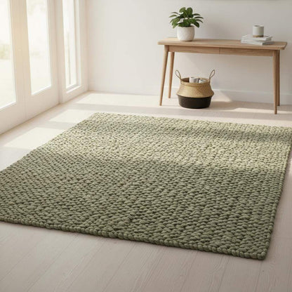 Hand-crafted Sage Olive Wool Loop-Pile Rug • Chunky Textured Living Room Rug Carpet Handmade • Natural Beige Accent Indoor Floor Teppich
