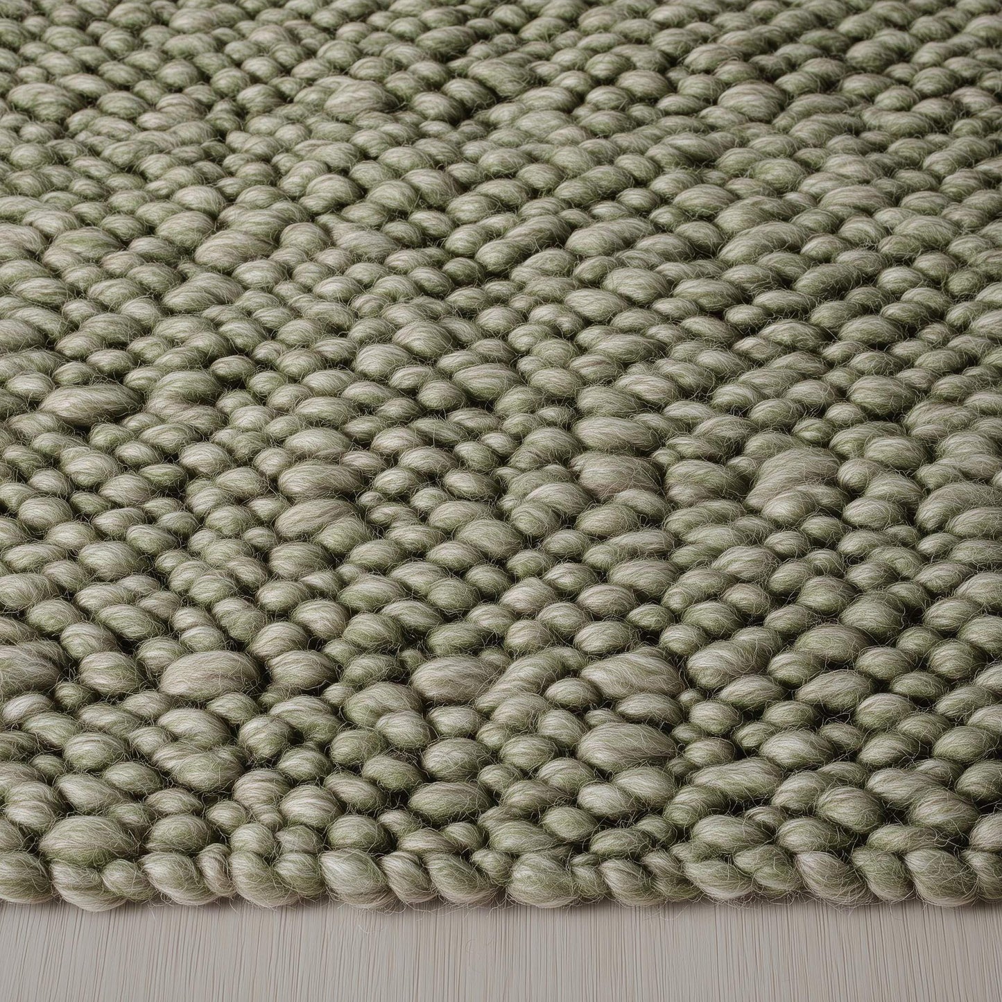 Hand-crafted wool loop-pile rug in sage olive and natural cream, chunky textured handmade floor carpet for living room decor