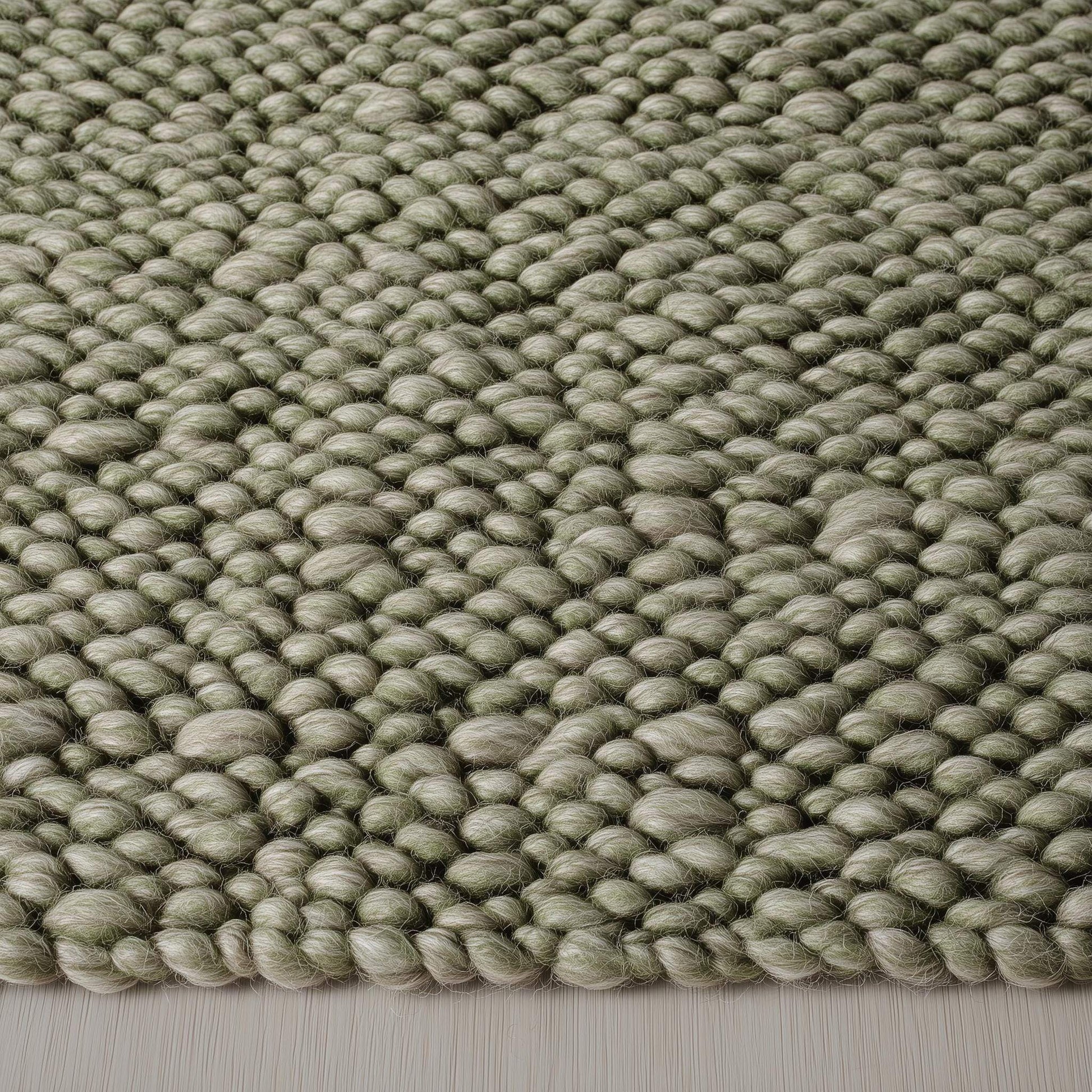 Hand-crafted wool loop-pile rug in sage olive and natural cream, chunky textured handmade floor carpet for living room decor