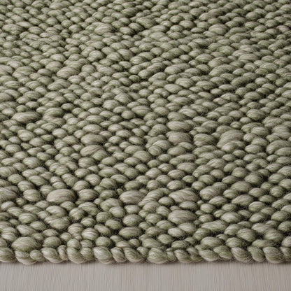 Hand-crafted wool loop-pile rug in sage olive and natural cream, chunky textured handmade floor carpet for living room decor