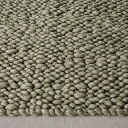 Hand-crafted wool loop-pile rug in sage olive and natural cream with chunky texture for living room decor