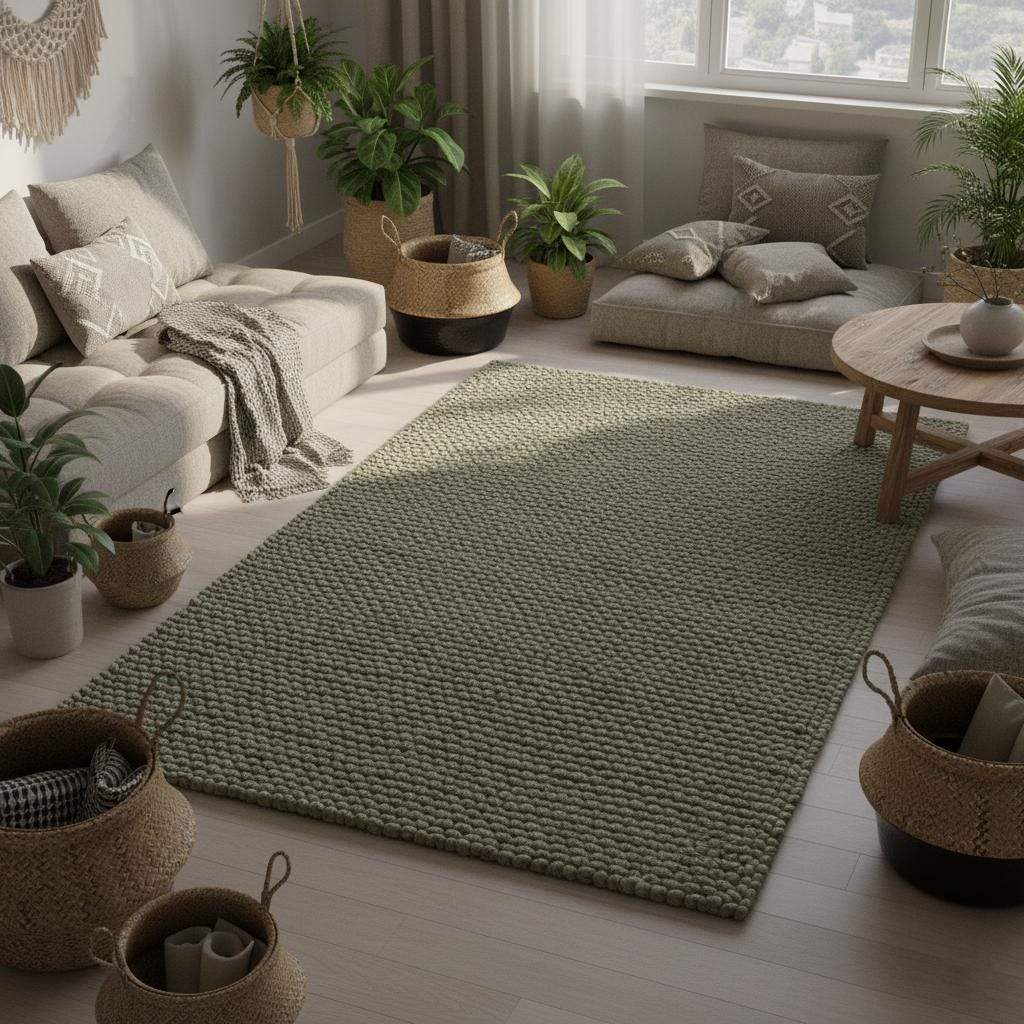 Hand-crafted Sage Olive Wool Loop-Pile Rug • Chunky Textured Living Room Rug Carpet Handmade • Natural Beige Accent Indoor Floor Teppich